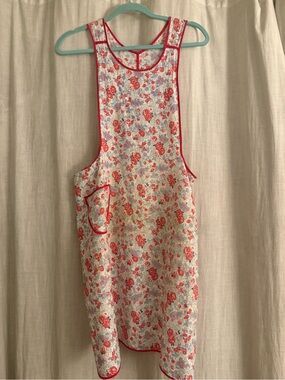 Early 1900’s Floral Cotton Pinafore Apron  with Red Piping